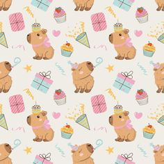 seamless pattern with bear and cupcakes on white background