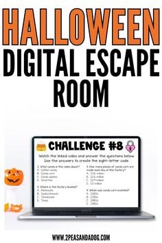 halloween digital escape room challenge poster with pumpkins on the computer screen and an orange jack - o - lantern in the background