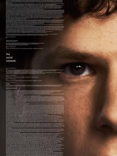 a close up of a person's face with the words behind him on it