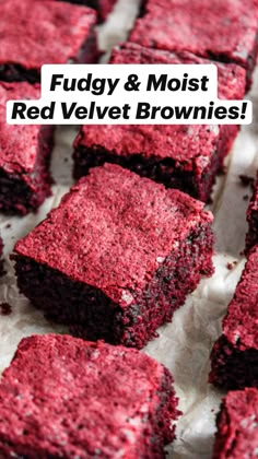 red velvet brownies with text overlay that reads fudgy & moist red velvet brownies