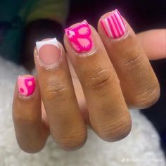 Cute Shirt Acrylic Nails Designs, Short Nails With Different Designs On Each Nail, Cute Short Pink Nail Designs, Back To School Nails 5th Grade, Extra Short Acrylic Nails Designs, Short Nails For Kids 9-10, Short Nail Set Ideas Simple, Short Short Nails Ideas, Kids Acrylic Nails Short