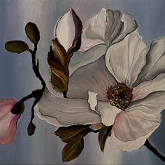 an oil painting of two white flowers on a blue and gray background with green leaves