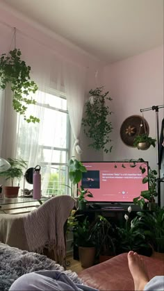 a living room filled with lots of plants and a flat screen tv mounted to the wall