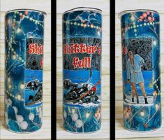 three different views of the same metal can with artwork on it, one is blue and the other is white