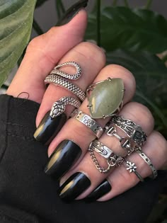 Silver plated set. see second image for all adjustable rings  Ring sizes  8 adj green adventurine  10 snake  8.5 7.5 6 6 7.5 9 6 Grunge Rings Aesthetic, Rings Dark Aesthetic, Rings Set Aesthetic, Artsy Rings, Maximalist Rings, Ring Stack Silver, Alt Rings, Grunge Rings, Witchy Rings