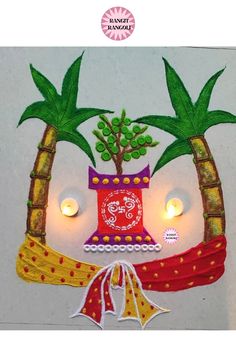 this is an image of a diwal with lights and palm trees on the wall