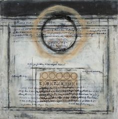 an abstract painting with black and white lines, circles, and writing on the paper