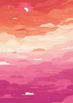 an orange and pink sky with stars above the clouds in the distance, as if it were from outer space