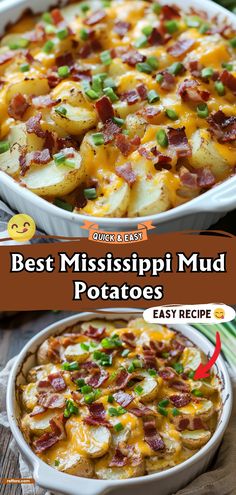 the best mississippi mud potatoes recipe with bacon, cheese and green onions in a white casserole dish