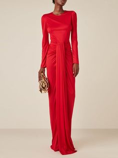 Ruched Evening Maxi Dress, Ruched Maxi Dress For Evening, Elegant Red Draped Maxi Dress, Chic Floor-length Evening Gown, Ruched Maxi Evening Dress For Dinner, Red Draped Maxi Dress For Party, Chic Ruched Floor-length Evening Dress, Floor-length Ruched Midi Dress For Gala, Chic Floor-length Ruched Evening Dress