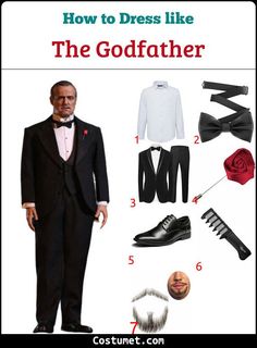 a man in a tuxedo and bow tie with the words how to dress like the godfather