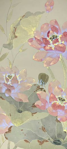 an artistic painting of pink flowers and leaves