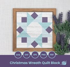 the wyoming valley quilt block is displayed in front of a frame with lavenders on it