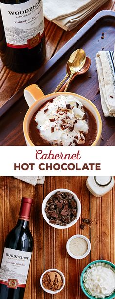 a bottle of cabernet hot chocolate next to bowls of ice cream and other ingredients