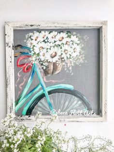 a painting of a bicycle with flowers in the basket