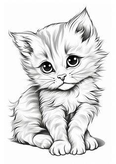 a black and white drawing of a kitten sitting on the ground with its paws crossed