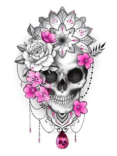 a skull with flowers on it's head and a tear drop in the middle