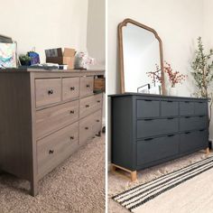 two pictures side by side one has a dresser and the other has a mirror on it