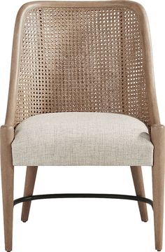 an upholstered chair with wooden legs and a beige seat pad on the back