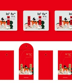 four red envelopes with chinese characters on the front and back, along with matching tags