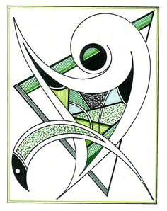 an abstract drawing with lines and shapes in green, white and black colors on a white background