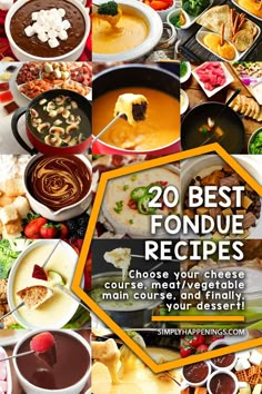 A collage of fondue pots with food in them Fondu Board, Types Of Fondue, Nye Fondue Party, Vegetarian Fondue Recipes, Dessert Fondue Charcuterie Board, Fondue Platter Ideas, New Years Fondue, Best Fondue Recipes Cheese, Fondue For Meat