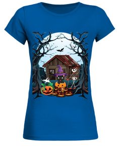 a women's blue t - shirt with an image of a house decorated for halloween