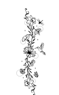 a black and white drawing of flowers with butterflies flying around it on a white background