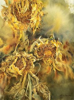 a painting of three sunflowers on a watercolor background