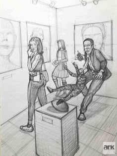 a drawing of three people standing in front of a table with an object on it