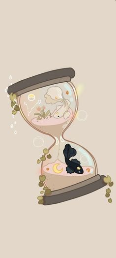 an hourglass with a black cat inside it and bubbles coming out of the top