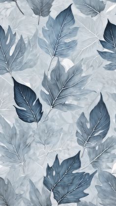 an abstract painting of leaves on a gray and white background, with blue highlights in the center