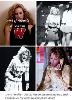 four different pictures of women with words on them and one woman talking on the phone