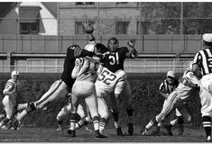 the football players are trying to block the ball from being thrown by the opposing team