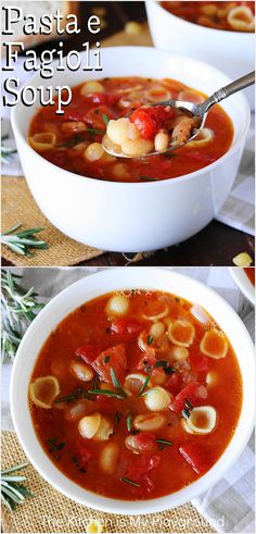 Bowl of Pasta e Fagioli with rosemary drizzle on top Gourmet Soups, Rosemary Soup, Tomato Soups, Rosemary Olive Oil, Winter Soup Recipes, Shell Pasta, Gourmet Soup, Pasta E Fagioli Soup