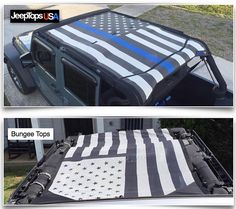 an american flag painted on the back of a jeep with blue line decals in front