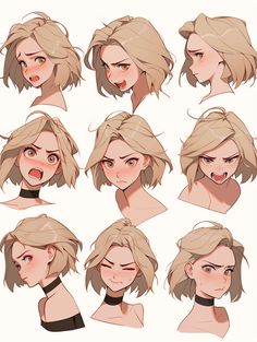 a bunch of different facial expressions on a woman's face, including the head and shoulders