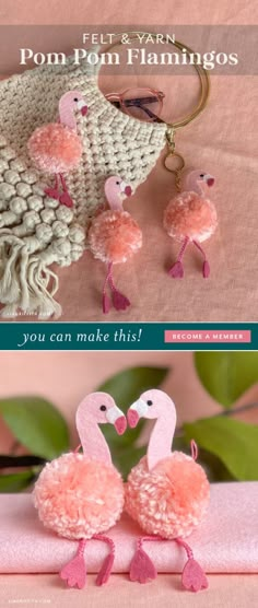 two flamingos made out of yarn sitting on top of a pink blanket next to a bag