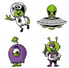 four cartoon alien characters in different poses