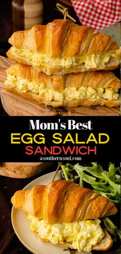 the egg salad sandwich is stacked on top of each other and ready to be eaten