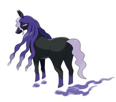 a black and purple horse with long hair standing in the middle of some snow covered ground