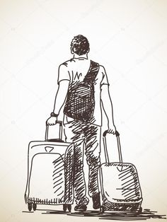 man with suitcases sketched on white background, hand drawn illustration - stock photo