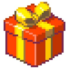 an image of a pixelated gift box with yellow and red bows on it's top