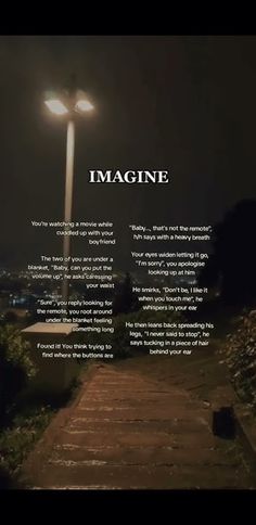 an image with the words imagine on it in front of a street light at night