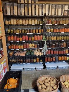 two baskets filled with food sitting next to each other