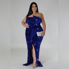 Sequins Royal Blue Dress With A Split. The Dress Has Alot Of Stretch Dresses Royal Blue, Strapless Tube Dress, Time Clothes, Royal Blue Dress, Scuba Dress, Strapless Floral Dress, Dresses Royal, Royal Blue Dresses, Split Dress