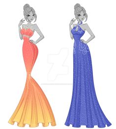 two women dressed in evening gowns