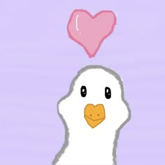 a white duck with a pink heart on it's head is standing in front of a purple background