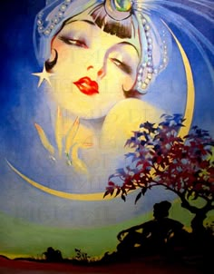 a painting of a woman with her eyes closed and stars in the sky above her head