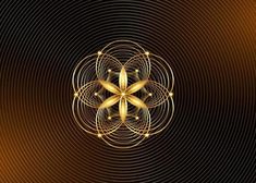 an abstract golden flower on black and gold background with circles in the center, all connected to one another